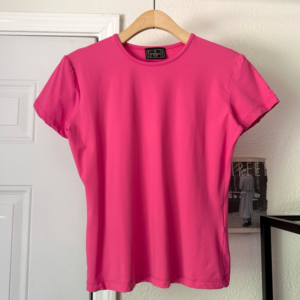 FENDI vintage pink knit crew neck short sleeve boxy cropped baby tee t-shirt